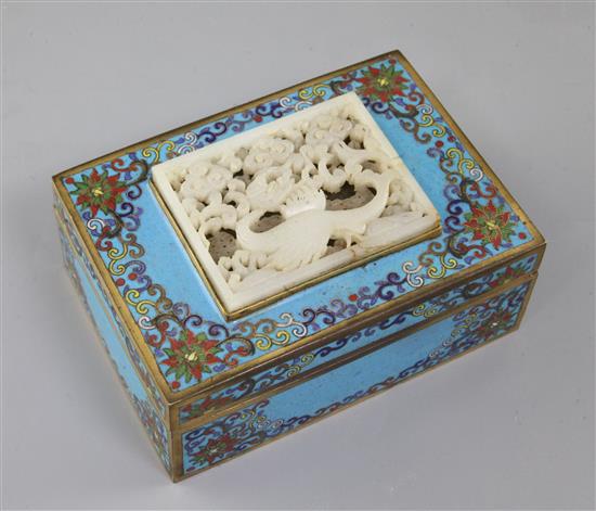 A 19th century Chinese rectangular cloisonne enamel box, mounted with a 17th/18th century white jade plaque, 10.3 x 9cm, height 6.5cm,